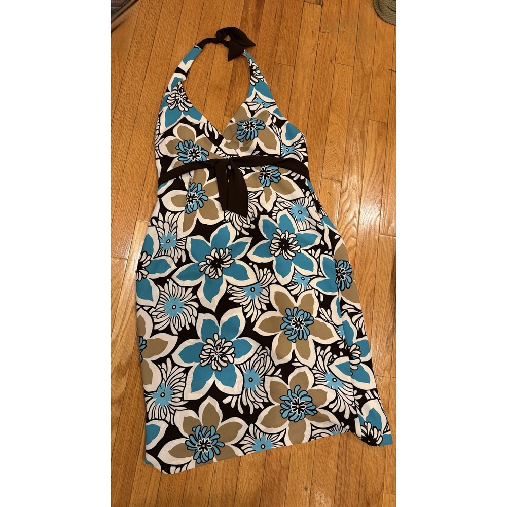 Y2K Halter Tropical Sundress Sz 14 Aqua Brown Empire Waist A Line Slip Dressbarn